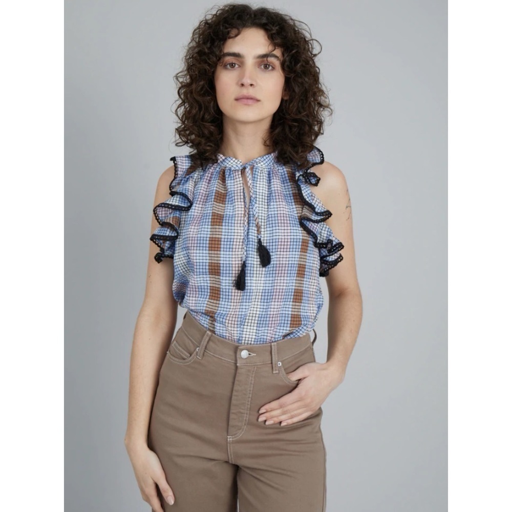 Munthe Varrel Check Ruffle Tassel Top Sz 34/XS